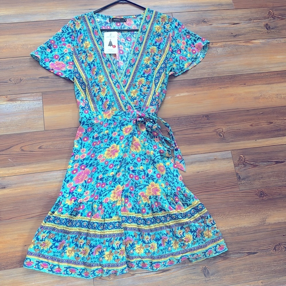 Summer Wrap V Neck Dresses Bohemian Floral Print Ruffle Swing XL - Picture 2 of 14